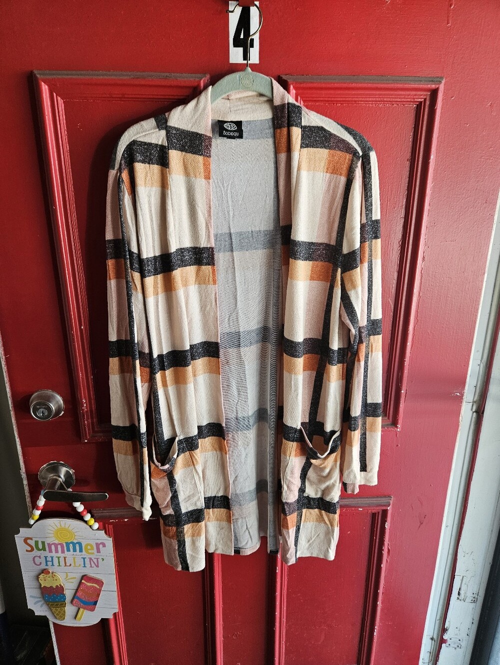 Bobeau Graphic Plaid Open-Front Women's Cardigan Sweater - Beige & Orange